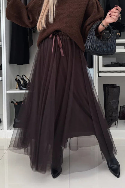 Elegante pantalón tipo A de cintura alta de malla con cordones