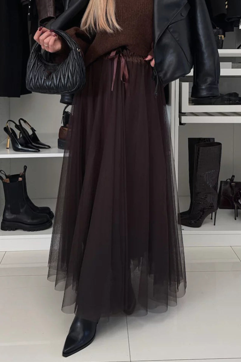 Elegante pantalón tipo A de cintura alta de malla con cordones