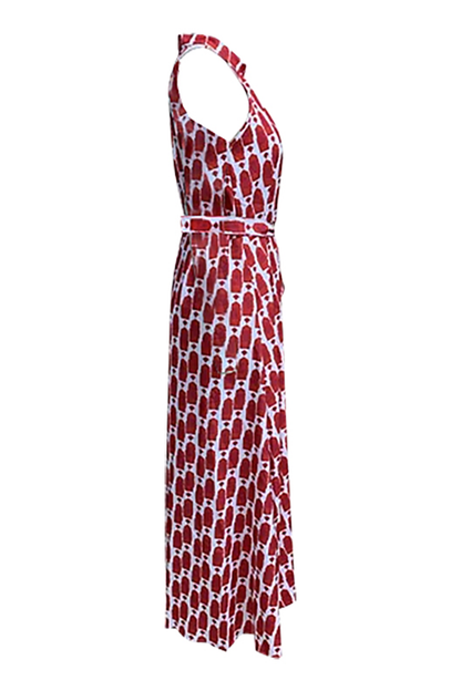 Vestidos elegantes de vacaciones con estampado geométrico, encaje, abertura en contraste, cuello halter, sin mangas