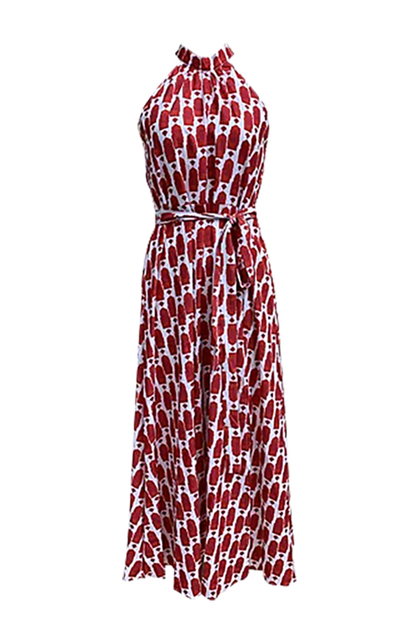 Vestidos elegantes de vacaciones con estampado geométrico, encaje, abertura en contraste, cuello halter, sin mangas