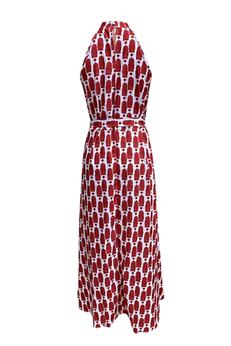 Vestidos elegantes de vacaciones con estampado geométrico, encaje, abertura en contraste, cuello halter, sin mangas