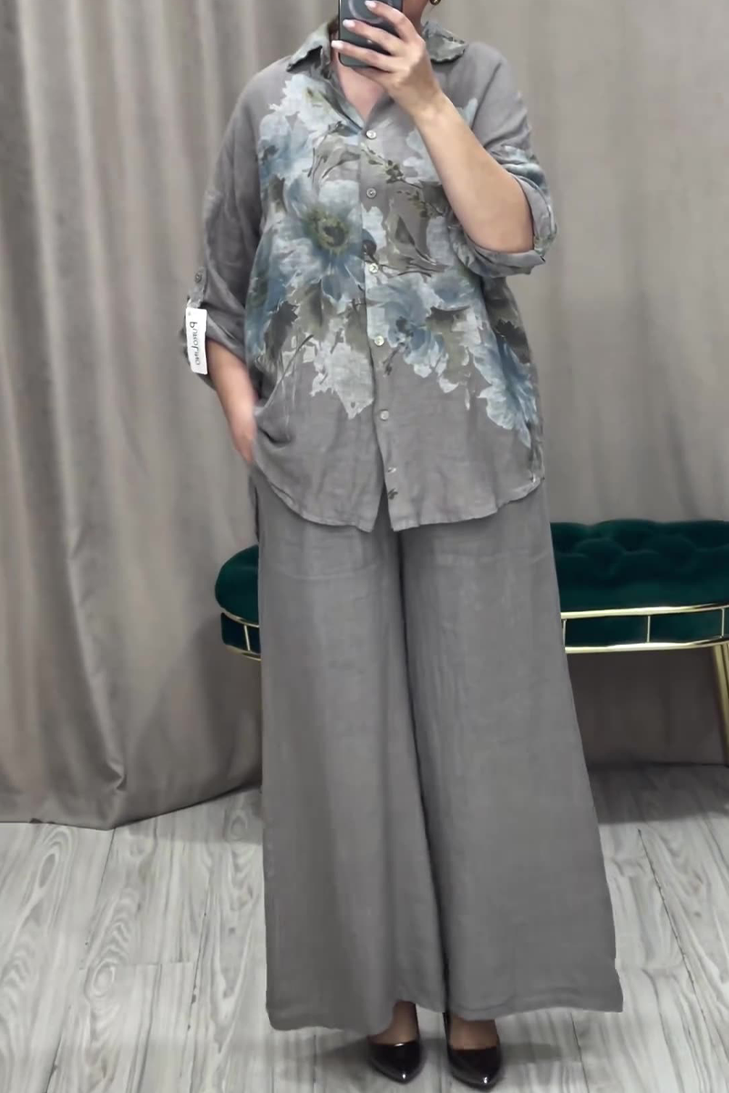 Conjunto informal de dos piezas con estampado floral, botones, cuello vuelto, manga larga