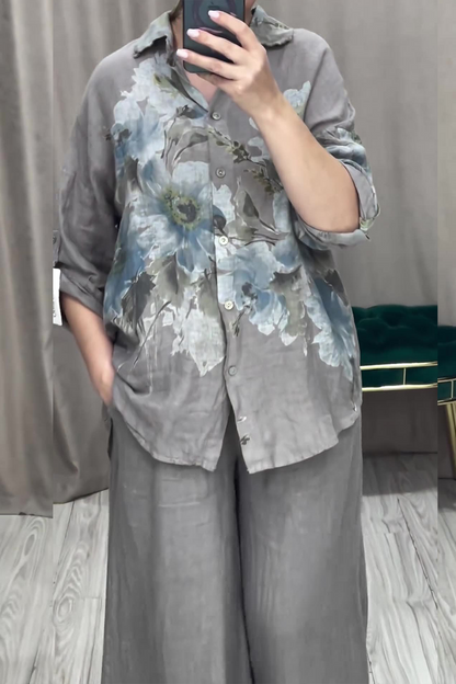 Conjunto informal de dos piezas con estampado floral, botones, cuello vuelto, manga larga