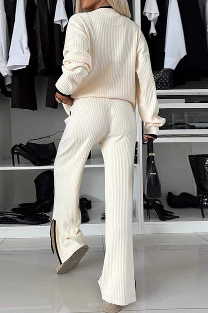 Conjunto informal de dos piezas con cuello redondo, manga larga y aberturas (3 colores)