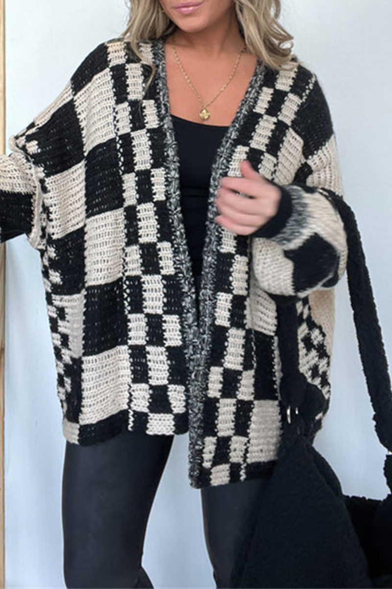 Prenda exterior informal de tejido a cuadros con cuello en V en contraste (3 colores)
