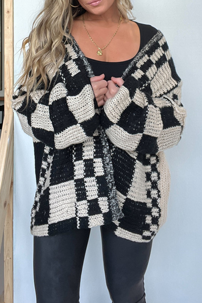 Prenda exterior informal de tejido a cuadros con cuello en V en contraste (3 colores)