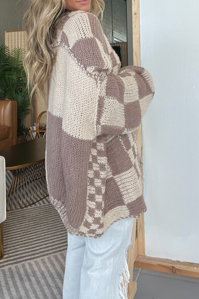 Prenda exterior informal de tejido a cuadros con cuello en V en contraste (3 colores)