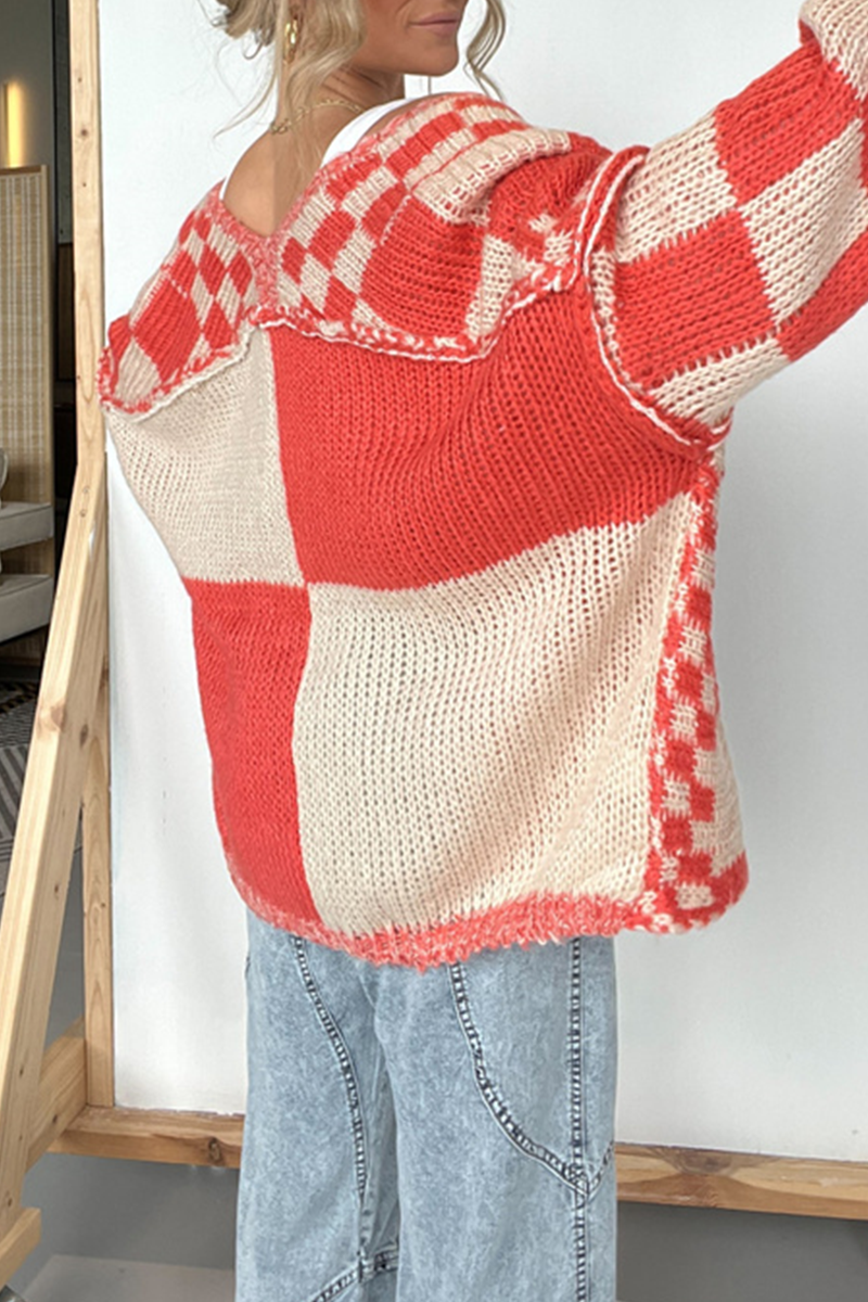 Prenda exterior informal de tejido a cuadros con cuello en V en contraste (3 colores)