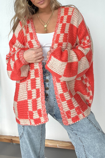 Prenda exterior informal de tejido a cuadros con cuello en V en contraste (3 colores)