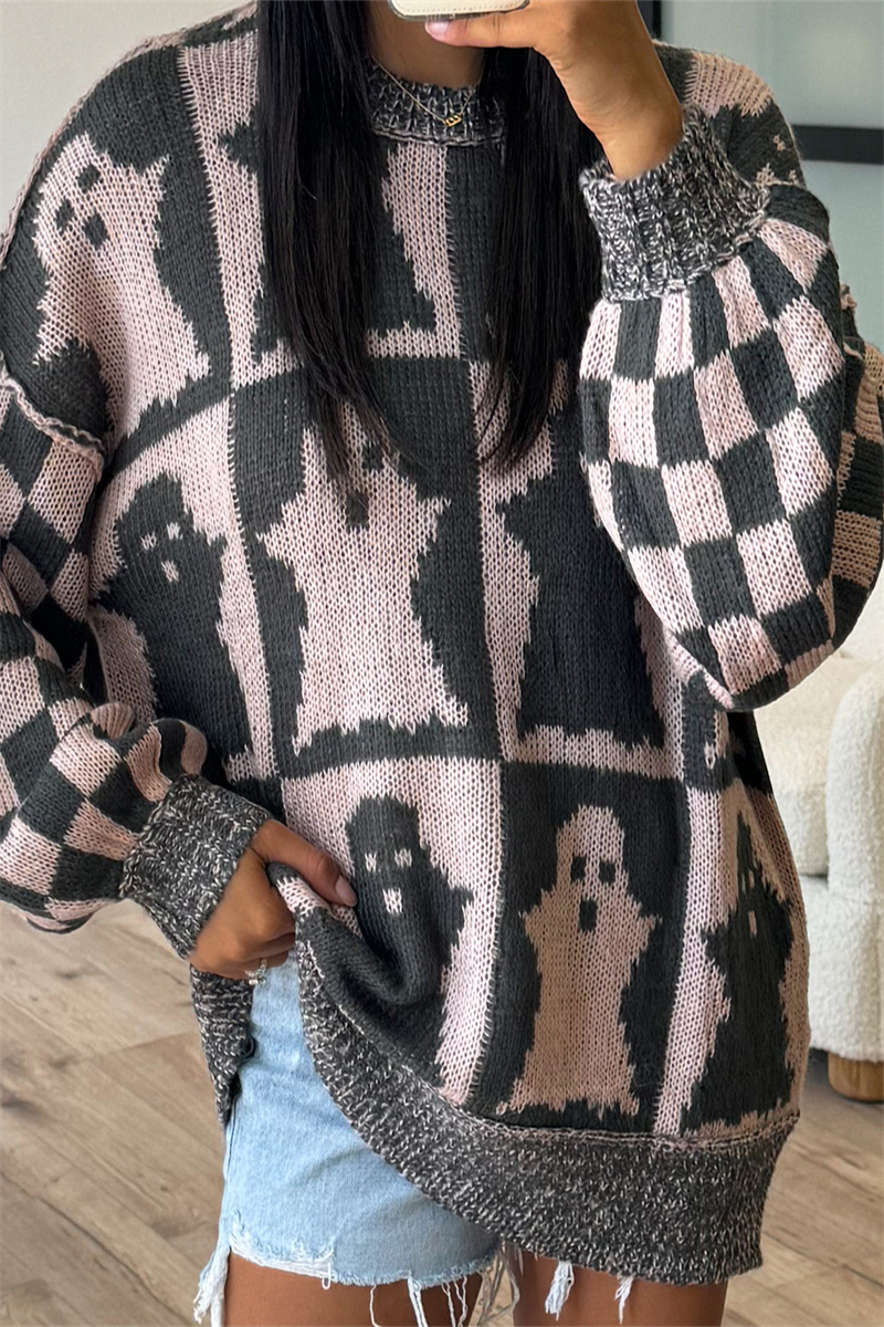 Suéteres casuales de cuello redondo con contraste y tejido a cuadros