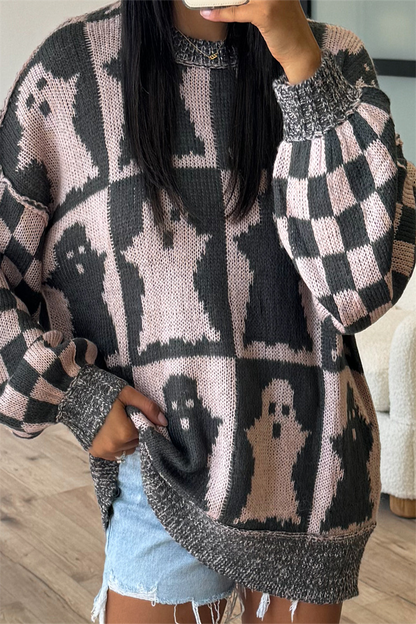 Suéteres casuales de cuello redondo con contraste y tejido a cuadros