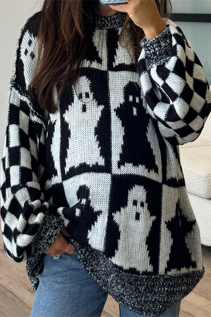 Suéteres casuales de cuello redondo con contraste y tejido a cuadros