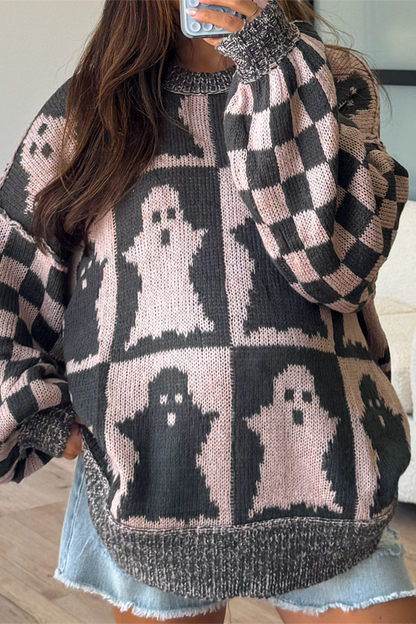 Suéteres casuales de cuello redondo con contraste y tejido a cuadros