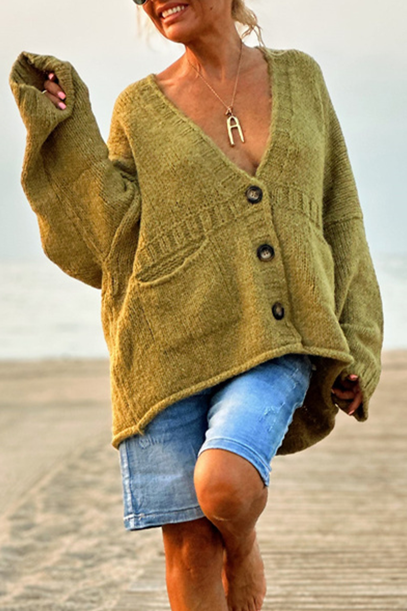 Prendas de abrigo informales de cuello en V con botones y bolsillos para uso diario