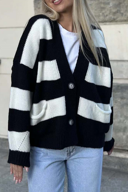 Prenda exterior informal de rayas urbanas con bolsillos y patchwork, cuello en V en contraste (4 colores)