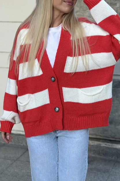 Prenda exterior informal de rayas urbanas con bolsillos y patchwork, cuello en V en contraste (4 colores)