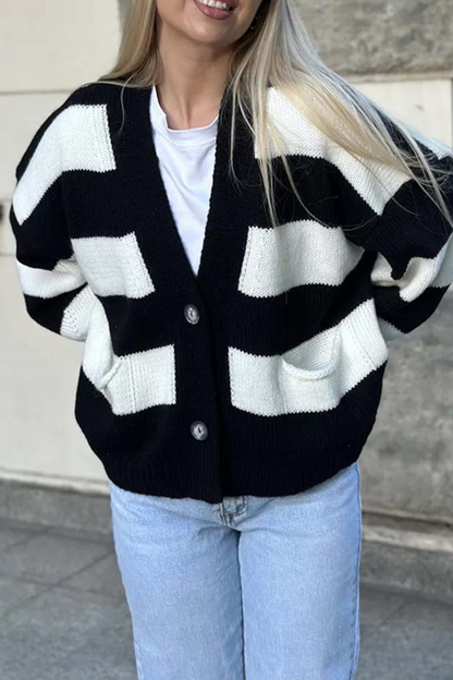 Prenda exterior informal de rayas urbanas con bolsillos y patchwork, cuello en V en contraste (4 colores)