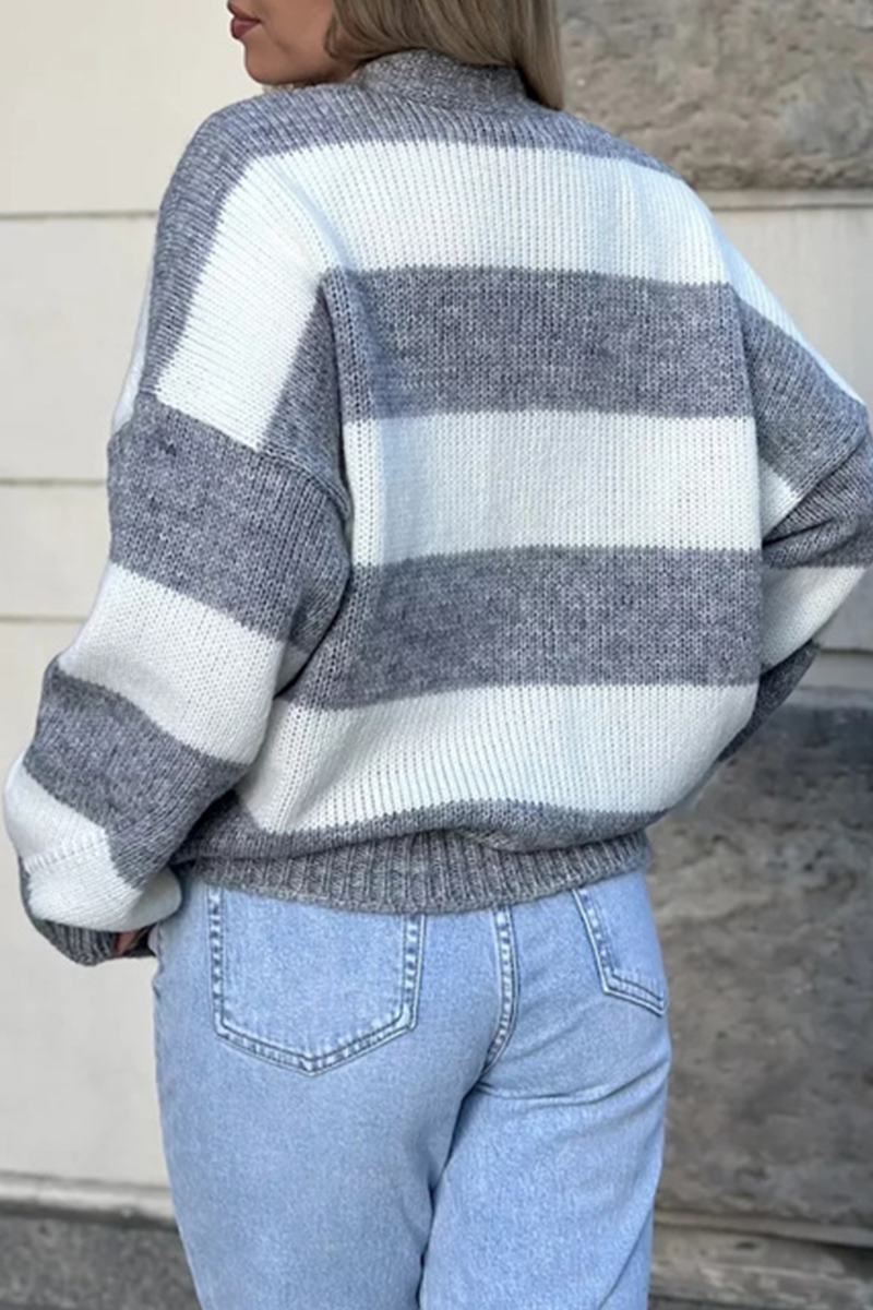 Prenda exterior informal de rayas urbanas con bolsillos y patchwork, cuello en V en contraste (4 colores)