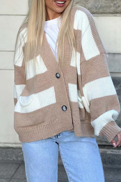 Prenda exterior informal de rayas urbanas con bolsillos y patchwork, cuello en V en contraste (4 colores)