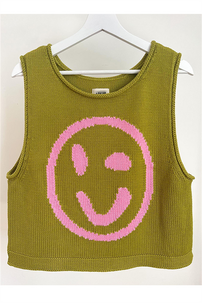 Tops casuales con cuello redondo y contraste de cara sonriente (5 colores)