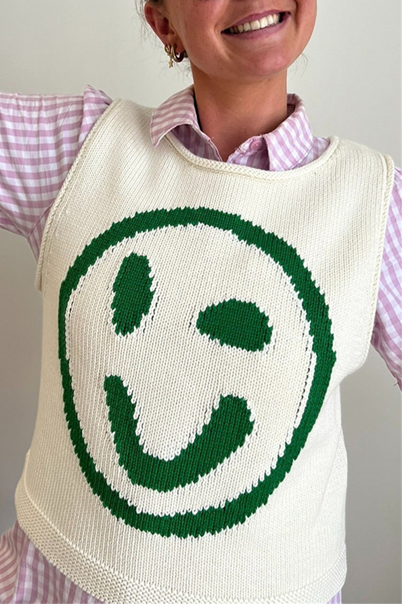 Tops casuales con cuello redondo y contraste de cara sonriente (5 colores)