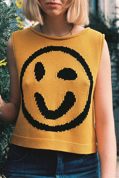 Tops casuales con cuello redondo y contraste de cara sonriente (5 colores)