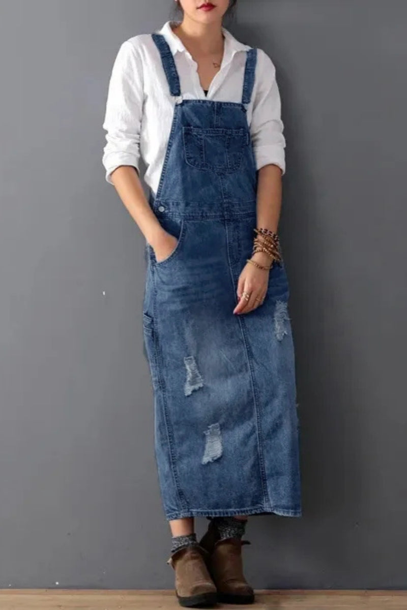 Vestidos vaqueros casuales sin mangas con bolsillos rasgados y abertura en la espalda con tirantes finos
