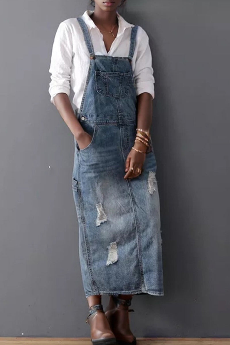 Vestidos vaqueros casuales sin mangas con bolsillos rasgados y abertura en la espalda con tirantes finos