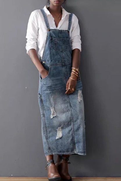 Vestidos vaqueros casuales sin mangas con bolsillos rasgados y abertura en la espalda con tirantes finos