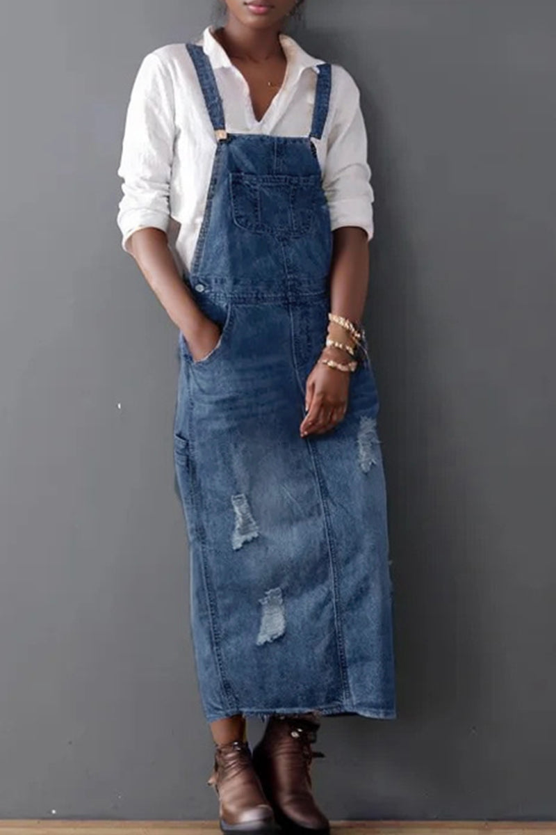Vestidos vaqueros casuales sin mangas con bolsillos rasgados y abertura en la espalda con tirantes finos
