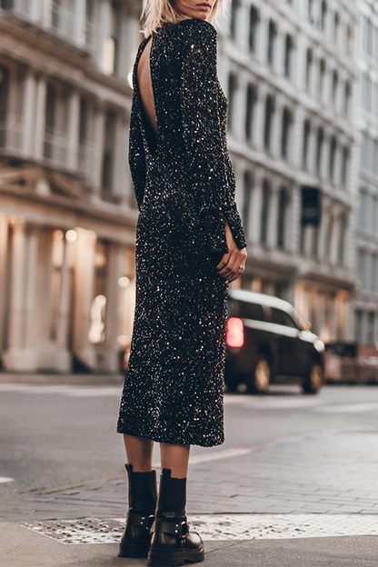 Vestidos casuales de calle con lentejuelas, espalda descubierta, cuello redondo y manga larga