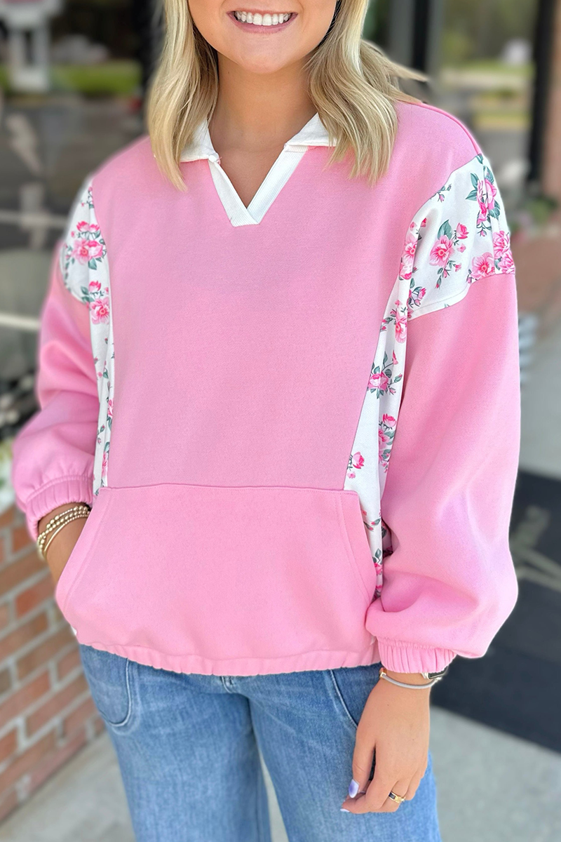 Sudadera informal con cuello vuelto, estampado de flores y patchwork en bolsillos