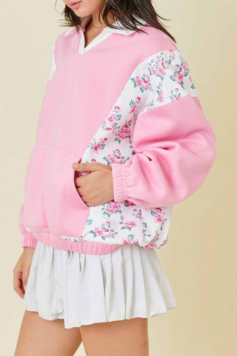 Sudadera informal con cuello vuelto, estampado de flores y patchwork en bolsillos