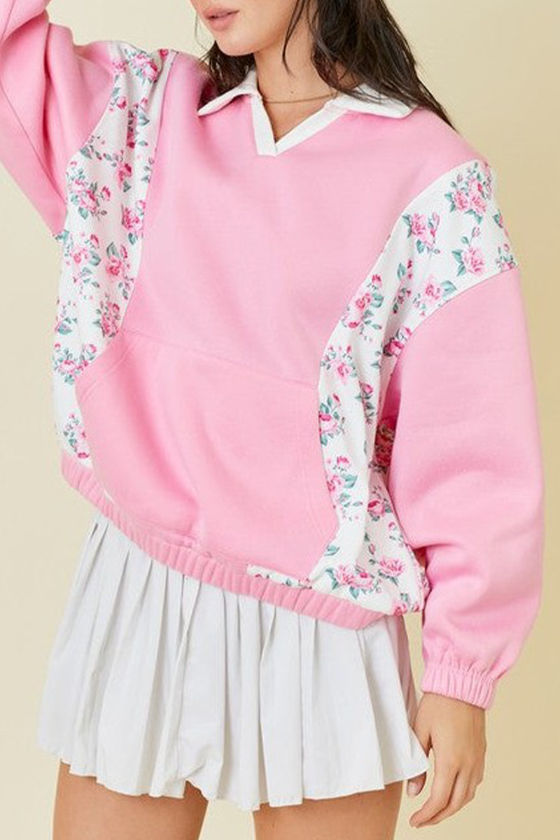 Sudadera informal con cuello vuelto, estampado de flores y patchwork en bolsillos