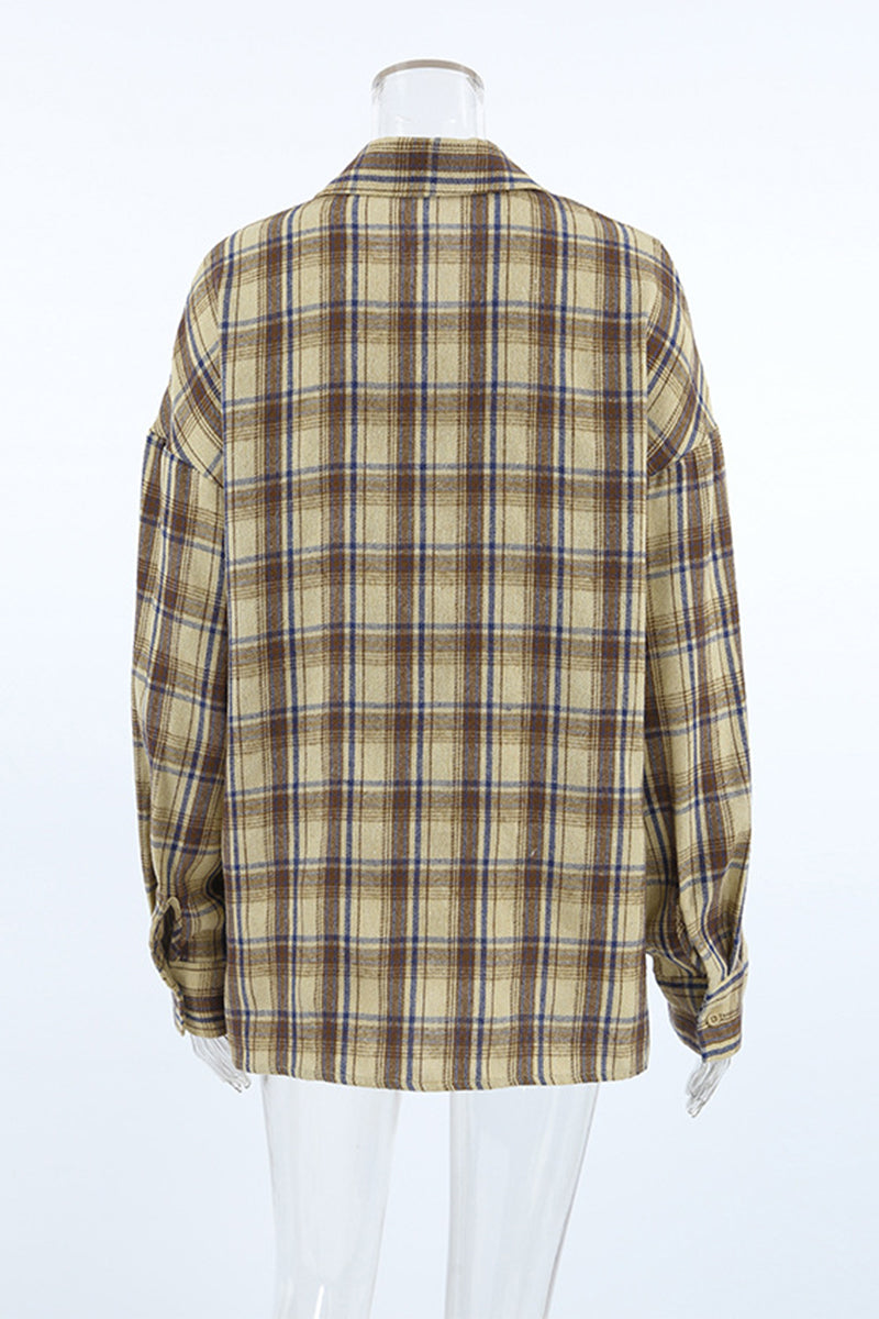 Blusas casuales con botones a cuadros y cuello vuelto en contraste