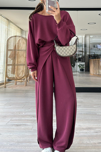 Conjunto informal de dos piezas con bolsillo, espalda descubierta, cuello redondo y manga larga (3 colores)