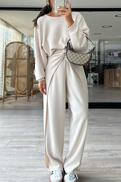 Conjunto informal de dos piezas con bolsillo, espalda descubierta, cuello redondo y manga larga (3 colores)