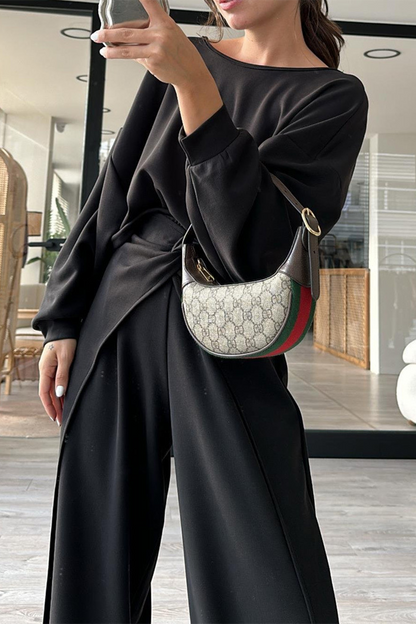 Conjunto informal de dos piezas con bolsillo, espalda descubierta, cuello redondo y manga larga (3 colores)