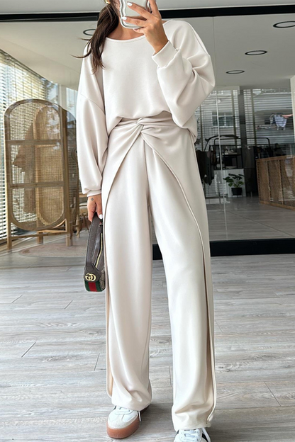 Conjunto informal de dos piezas con bolsillo, espalda descubierta, cuello redondo y manga larga (3 colores)