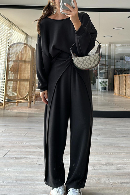 Conjunto informal de dos piezas con bolsillo, espalda descubierta, cuello redondo y manga larga (3 colores)