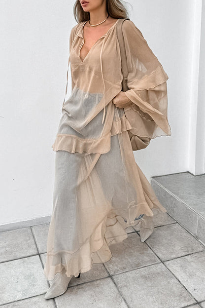 Vestidos sexys de corte A con escote en V y volantes transparentes