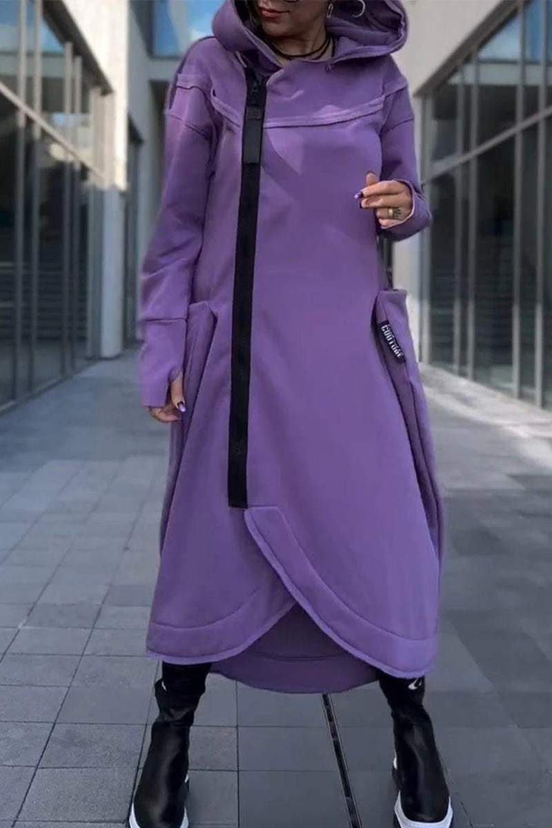 Vestidos casuales de calle con bolsillos, cremallera irregular y capucha (6 colores)