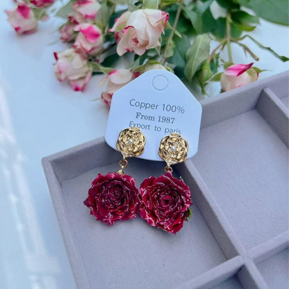 Elegantes pendientes con adornos de metal y flores reales (cada uno es único) (17 colores)