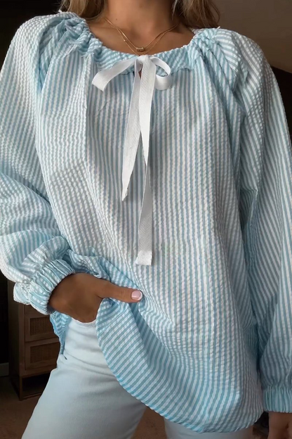 Blusa informal de rayas con cordones y cuello en V en contraste (4 colores)