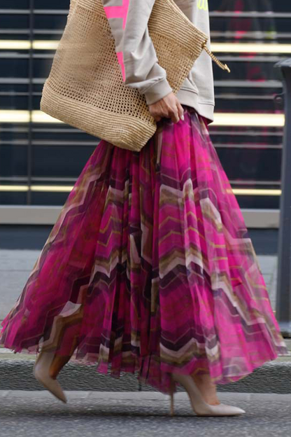 Pantalones casuales de cintura alta holgados con contraste de malla y rayas tipo A