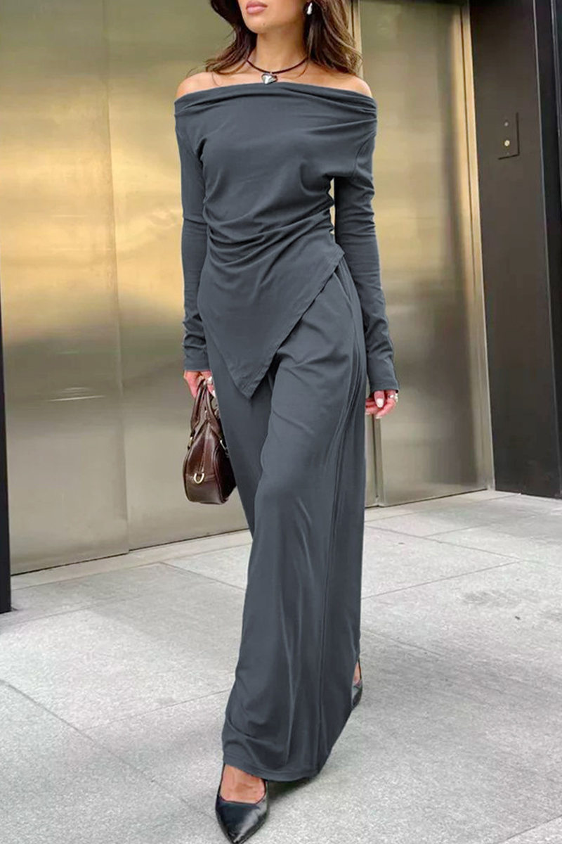 Conjunto de dos piezas de manga larga con hombros descubiertos, fruncido irregular y sexy para la calle
