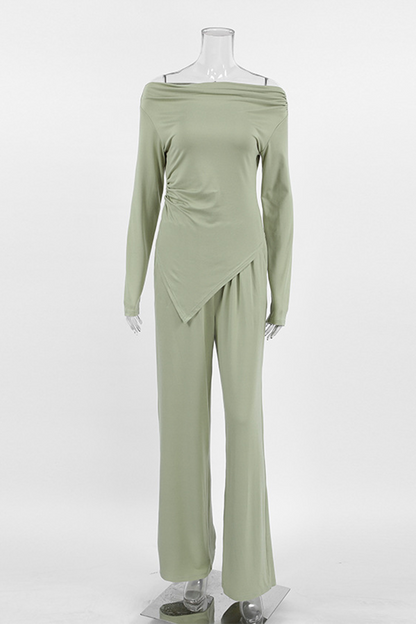 Conjunto de dos piezas de manga larga con hombros descubiertos, fruncido irregular y sexy para la calle