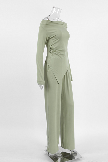 Conjunto de dos piezas de manga larga con hombros descubiertos, fruncido irregular y sexy para la calle