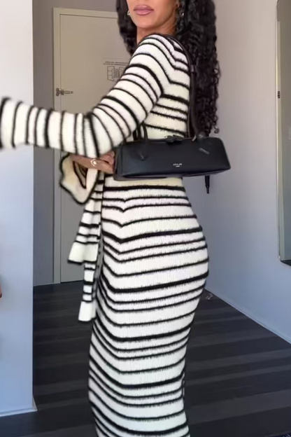 Vestidos casuales de falda de un solo paso con cuello redondo y decoración de lazo y rayas de patchwork