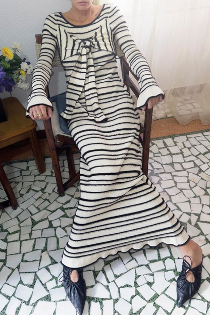 Vestidos casuales de falda de un solo paso con cuello redondo y decoración de lazo y rayas de patchwork